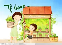 手绘插画-卡通漫画儿童展板素材-花点宣传素材-一起买花的母子