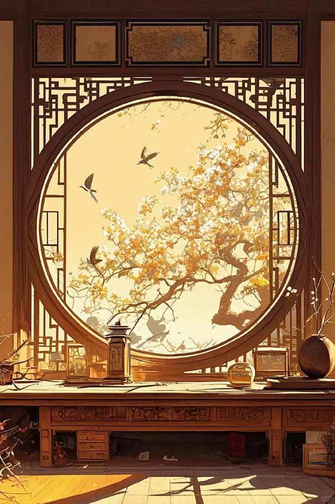 古风丨中式花窗框景#古风插画 #古风 #...