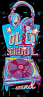 旧学校声音- funky彩色绘制音乐转盘和耳机