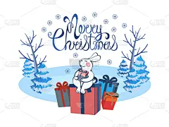 矢量圣诞贺卡与兔子。手写的“圣诞快乐”