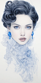 Hand-drawn pencil sketch of an elegant young woman in the glamorous high-fashion style of the Snow Queen, shades of azure blue and grey, head-and-shoulders portrait