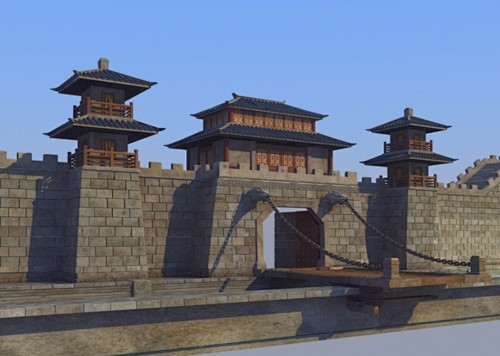 古代城门吊桥、城门楼、城防、护城河