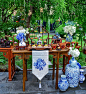 中式茶歇台布置造景白色花艺青花瓷瓶