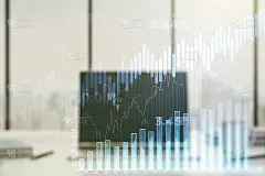 双重暴露抽象创意财务图表对现代笔记本电脑的背景，银行和会计的概念