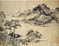 ____元 王蒙 <溪山风雨图册 >王蒙（1308－1385）元画家。字叔明，号香光居士，湖州（今浙江吴兴）人。外祖父赵孟頫、外祖母管道昇、舅父赵雍、表弟赵彦徵都是元代著名画家。王蒙的山水画受到赵孟頫的直接影响.师法董巨.所作对明，清山水画影响甚大。后人将其与黄公望、吴镇、倪瓒合称为“元四家”.