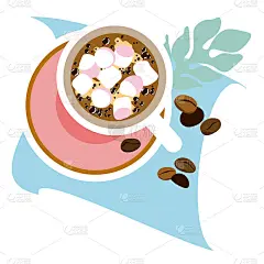 一杯加棉花糖、茶碟和豆子的咖啡。前视图。