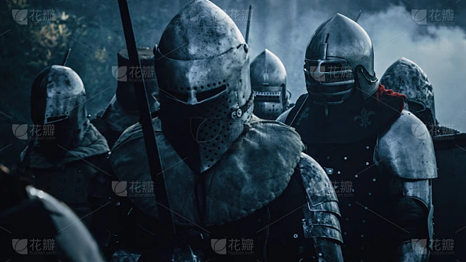 史诗般的中世纪士兵在战场上行军，带着剑的装甲战士。战争、战斗、征服。戏剧性的历史重演。素材-花瓣网