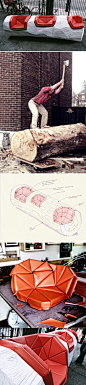 这张原木条凳（Log Chop Bench）是加拿大Practice of Everyday工作室的一个“基于过程的设计”，简言之，就是设计师只负责控制过程，他们挑选了一根原木，并邀请了一位女伐木工来砍出座位的形状，然后请一位摩托车车座工人精加工，最后形成了这个很惊艳的原木条凳。