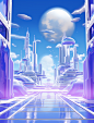 an image showing a futuristic scene, in the style of light violet and white, fantastical street, vibrant stage backdrops, animecore, art deco futurism, realistic blue skies, die brücke