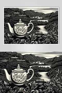 AI数字艺术复古铜版画茶园茶叶插画-众图网