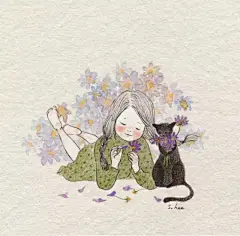 形影不离的猫咪-韩国小清新淡彩手绘插画作品欣赏