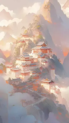 宗教建筑中国山村重叠的山峰海报