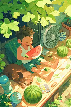 AI数字艺术夏季吃西瓜卡通插画-众图网