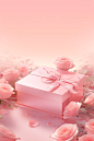 An empty pink gift box surrounded on roses, in the style of realistic landscapes with soft, tonal colors, editorial illustrations, resin, subtle gradients