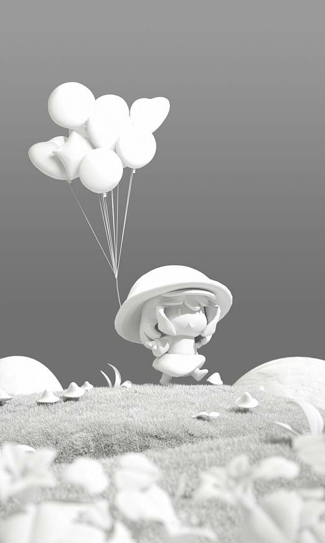 C4D 草地蘑菇小女孩气球场景渲染练习-...