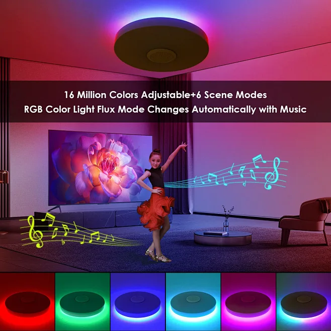 VOMI Ventilatore da Soffitto con Luce RGB Plafoniera con Telecomando Silenzioso Cambia Colore Ventilatori a Soffitto con Altoparlante Bluetooth Dimmerabile LED Lampadario per Soggiorno
