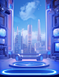 the blue spaceship with audio and video screens, in the style of whimsical cityscapes, hip hop aesthetics, argus c3, soft and dreamy atmosphere, minimalist stage designs, meticulous design, innovative page design