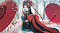 Anime 2047x1151 anime girls original characters women black hair long hair looking at viewer kimono umbrella artwork digital art illustration 2D trees snow snowing portrait environment birds hair ornament anime