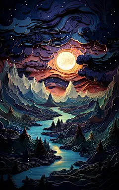 蓝色剪纸风背景月亮植物背景