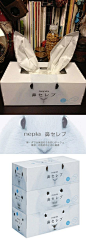 【创意包装设计】日本妮飘（Nepia）推出的一款盒装纸巾，有保湿效果，官上说适合感冒和花粉症患者。包装使用了一些白色的动物作为主体，如兔子等，于是有人用纸巾给兔子做了耳朵@北坤人素材
