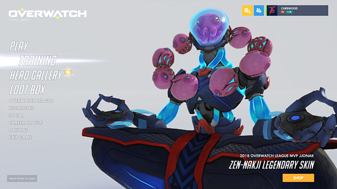 Main menu screenshot of Overwatch video game interface