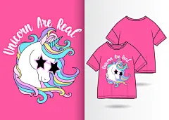 矢量手绘T恤插画卡通可爱时尚女孩独角兽服装印花人物AI设计素材