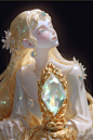 **White delicate and beautiful girl, glass luster, fluid hair, winter jasmine, diamond, gold crystal ore, inlaid gold rim, diamond sculpture artwork, c4d, light green light