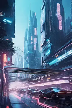 霓虹灯光科技赛博朋克风都市城市插画图片