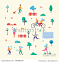 Pattern Made of characters that walk with dog, ride bicycle and scooter, do selfie, jog in morning, play badminton among trees vector illustration.