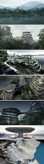 黄山村落，由MAD设计。MAD用黄山村落来为用户打造一个在安静平和地域中的栖息地。共含700个单元，内含酒店、公寓以及公共设施及场所。每一间公寓有一个小面积的公共空间，含有自身的阳台。马岩松：用中国古代山水画的模糊来表现黄山村落的神秘。http://t.cn/zj2lWBT
