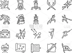 线条,图标集,远古的,诸葛亮,矛,骑军