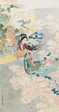 0096嫦娥奔月 立轴 设色纸本 
