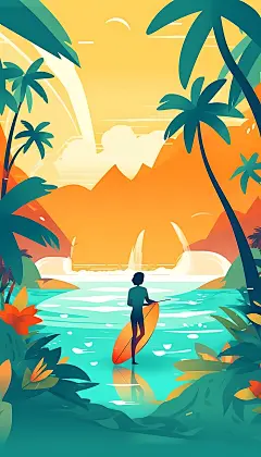 扁平风冲浪运动夏日插画