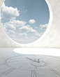 Abstract wallpaper time clock white space, in the style of detailed skies, symbolic props, arched doorways, anamorphic lens, high-angle, michael heizer, norman foster