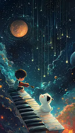 小男孩和他的狗狗治愈系插画壁纸