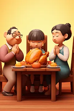 烤火鸡祈祷感恩节人物模型