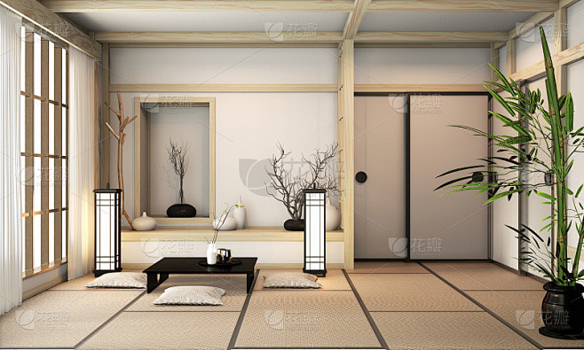 房间非常禅意，装饰日式榻榻米，3d渲染