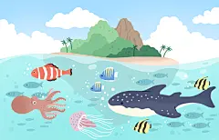 时尚蓝高级感创意简约海洋动物插画
