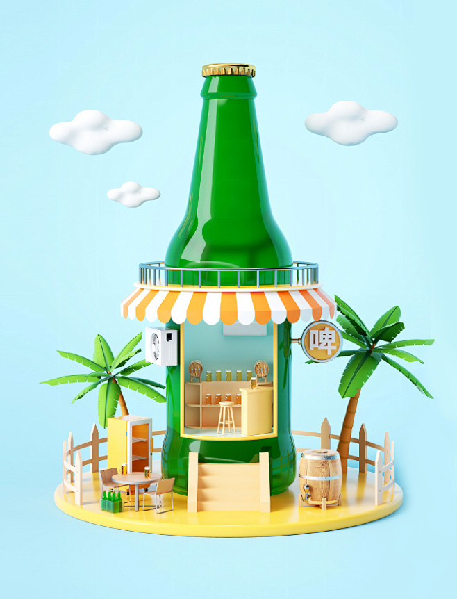 c4d立体3D啤酒饮品餐饮店铺创意场景