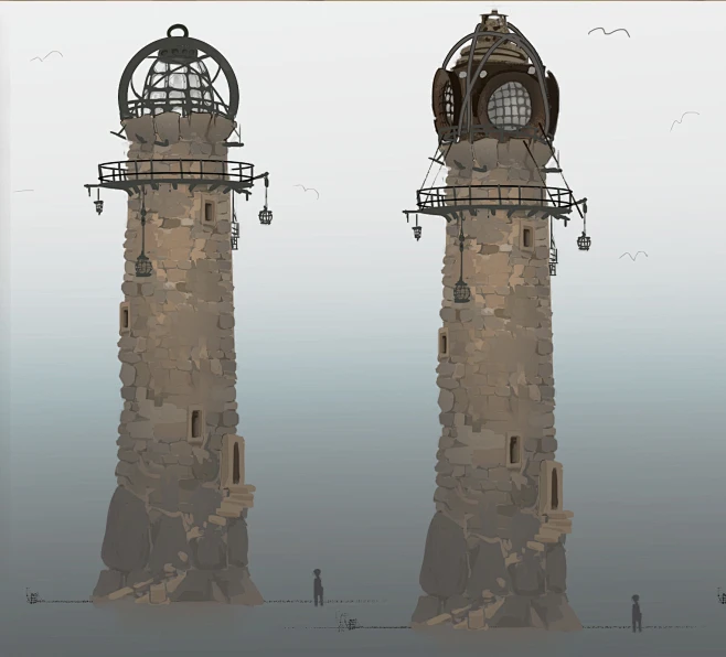 Lighthouse over Land's End, Christian Mayer : Luminary is a Student Project of 4 people, creating a visual Story IP-Document as their Bachelor Thesis . Design for a location over the city Land's End. The lighthouse is set on a huge cliff gazing right ont