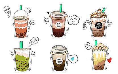 彩色卡通手绘速写缤纷奶茶果茶素材原创插画...