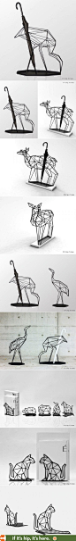 Umbrella stands and bookends shaped like origami animals.: 