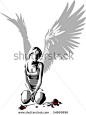 Vector illustration of sad angel with two faded rose - stock vector