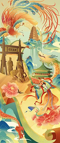 西安兵马俑大雁塔国潮风插画