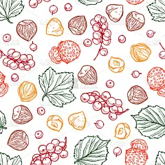 漂亮的草图无缝模式，手绘坚果，蘑菇，树叶和浆果。