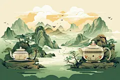 茶壶山水水墨手绘插画