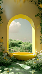 a yellow tub surrounded by flowers, grass and a view, in the style of rendered in cinema4d, arched doorways, light emerald, soft, dreamy landscapes, aesthetic, monochromatic palette, utopian visio