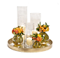 Amber Glass Domain Vases with Orange Ranunculus on a Moroccan Gold Tray: 