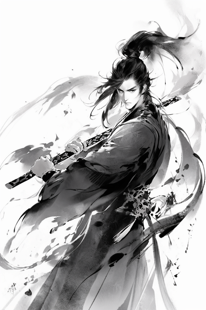 古风执剑少年水墨武侠剑客插画