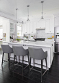 White Island with Gray Leather Bar Stools